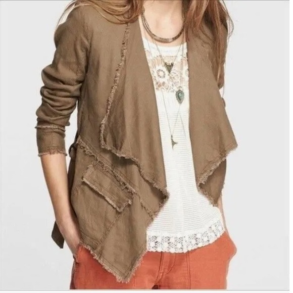 Free People Raw Femme Brown Linen Waterfall Jacket Cardigan - Picture 3 of 12